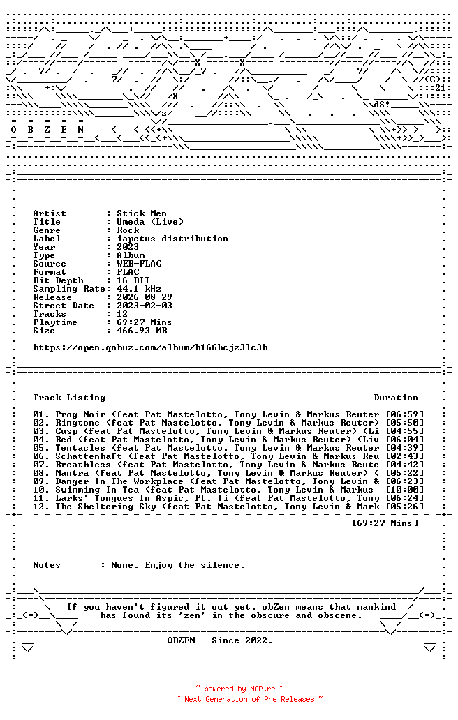 NFO for the release Stick_Men-Umeda_(Live)-16BIT-WEB-FLAC-2023-OBZEN by OBZEN