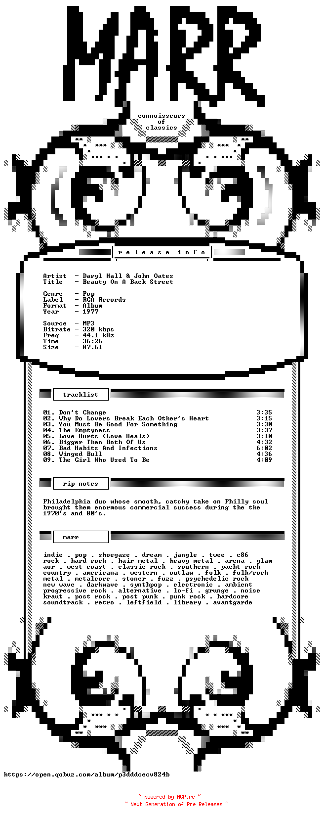 NFO for the release Daryl_Hall_And_John_Oates-Beauty_On_A_Back_Street-WEB-1977-MARR by MARR