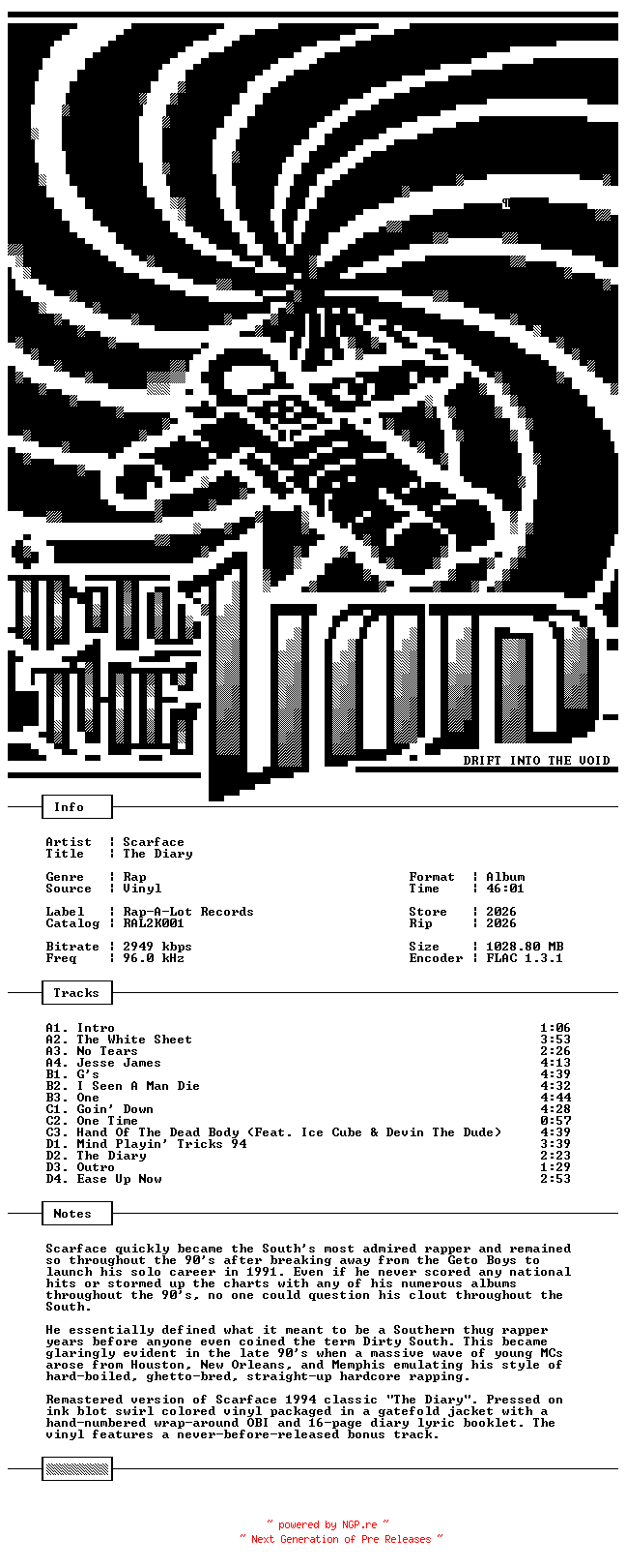 NFO for the release Scarface-The_Diary-Remastered-2LP-FLAC-2026-THEVOiD by THEVOiD