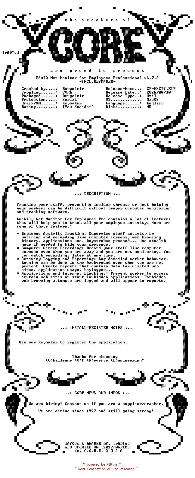NFO for the release EduIQ.Net.Monitor.for.Employees.Professional.v6.7.3.MacOS.x64.Incl.Keymaker-CORE by CORE