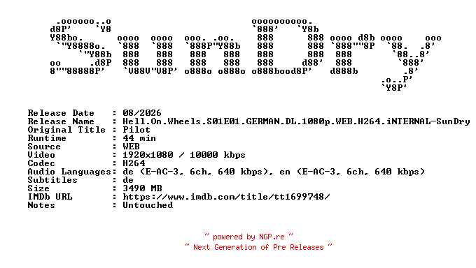 NFO for the release Hell.On.Wheels.S01E01.GERMAN.DL.1080p.WEB.H264.iNTERNAL-SunDry by SunDry