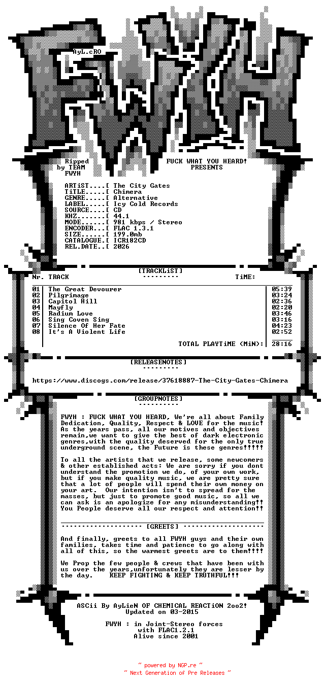 NFO for the release The_City_Gates-Chimera-CD-FLAC-2026-FWYH by FWYH