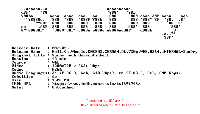 NFO for the release Hell.On.Wheels.S05E03.GERMAN.DL.720p.WEB.H264.iNTERNAL-SunDry by SunDry