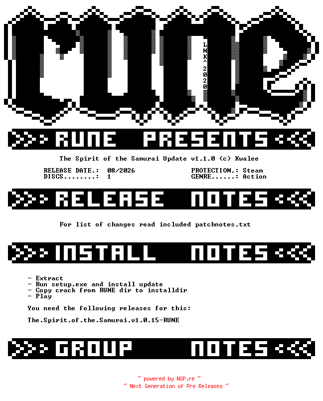 NFO for the release The.Spirit.of.the.Samurai.Update.v1.1.0-RUNE by RUNE