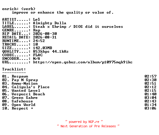 NFO for the release Les-Almighty_Dolla-16BIT-WEB-FLAC-2026-ENRiCH by ENRiCH