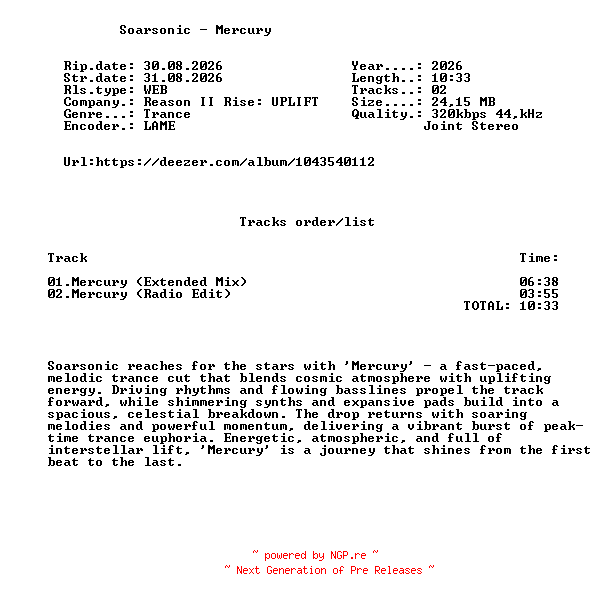 NFO for the release Soarsonic_-_Mercury-(RRU108)-WEB-2026-FMC by FMC