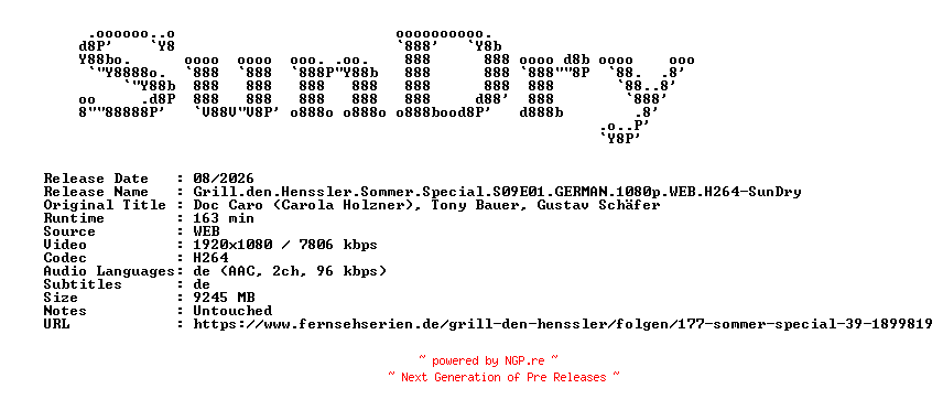 NFO for the release Grill.den.Henssler.Sommer.Special.S09E01.GERMAN.1080p.WEB.H264-SunDry by SunDry