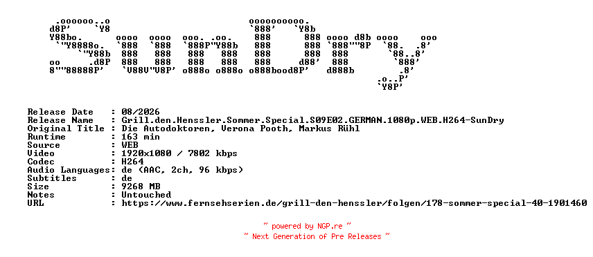 NFO for the release Grill.den.Henssler.Sommer.Special.S09E02.GERMAN.1080p.WEB.H264-SunDry by SunDry