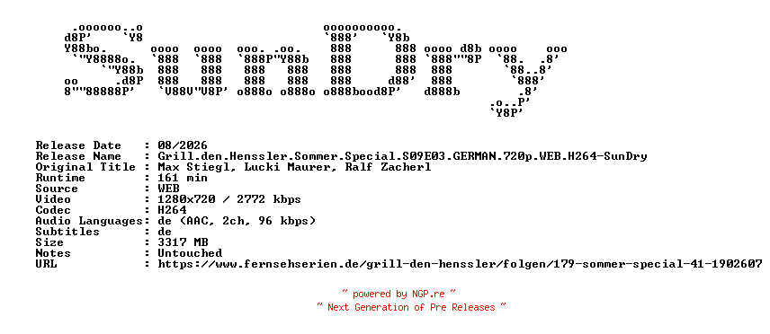 NFO for the release Grill.den.Henssler.Sommer.Special.S09E03.GERMAN.720p.WEB.H264-SunDry by SunDry