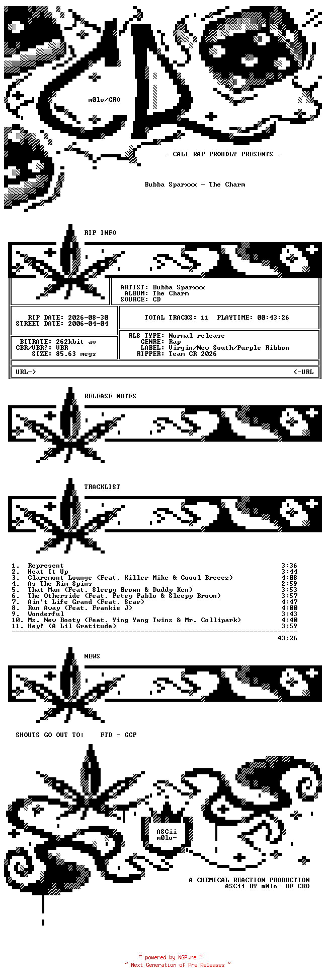 NFO for the release Bubba_Sparxxx-The_Charm-2006-CR_INT by CR_INT