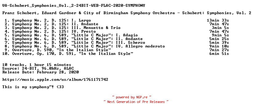 NFO for the release VA-Schubert_Symphonies_Vol._2-24BIT-WEB-FLAC-2020-SYMPHONY by SYMPHONY