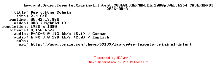 NFO for the release Law.and.Order.Toronto.Criminal.Intent.S03E01.GERMAN.DL.1080p.WEB.h264-SAUERKRAUT by SAUERKRAUT