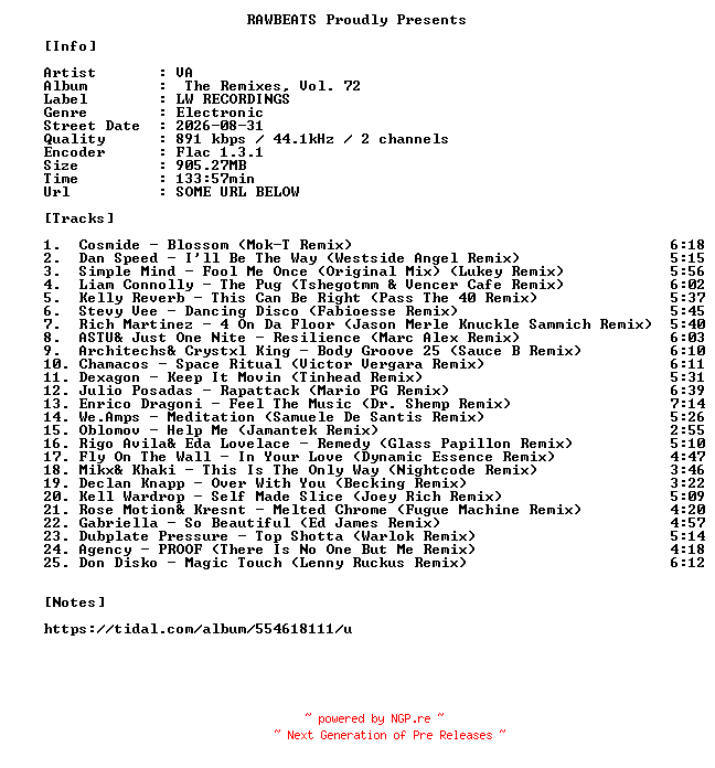 NFO for the release VA-The_Remixes_Vol._72-16BIT-WEB-FLAC-2026-RAWBEATS by RAWBEATS