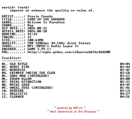 NFO for the release Stevie_Crooks-LORD_OF_THE_SHADOWS-WEB-2026-ENRiCH by ENRiCH