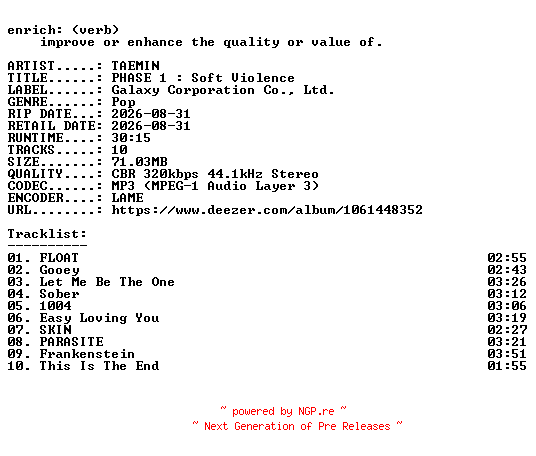 NFO for the release TAEMIN-PHASE_1__Soft_Violence-WEB-KR-2026-ENRiCH by ENRiCH