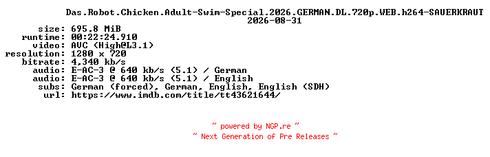 NFO for the release Das.Robot.Chicken.Adult-Swim-Special.2026.GERMAN.DL.720p.WEB.h264-SAUERKRAUT by SAUERKRAUT