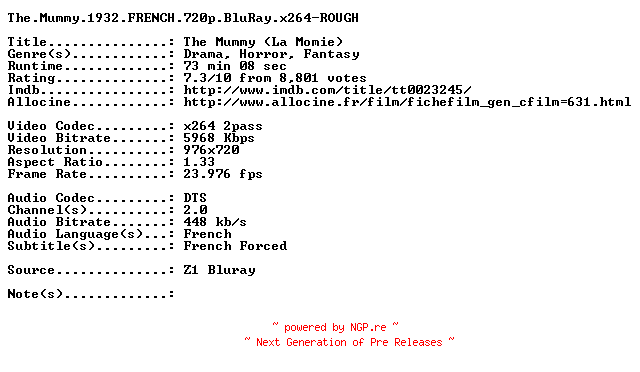 NFO for the release The.Mummy.1932.FRENCH.720p.BluRay.x264-ROUGH by ROUGH