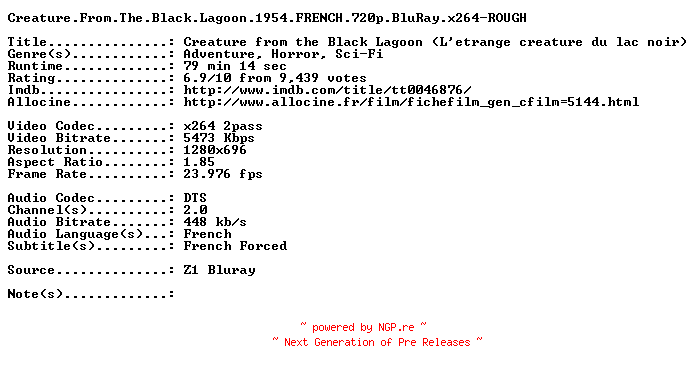 NFO for the release Creature.From.The.Black.Lagoon.1954.FRENCH.720p.BluRay.x264-ROUGH by ROUGH
