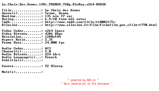NFO for the release Le.Choix.Des.Armes.1981.FRENCH.720p.BluRay.x264-ROUGH by ROUGH