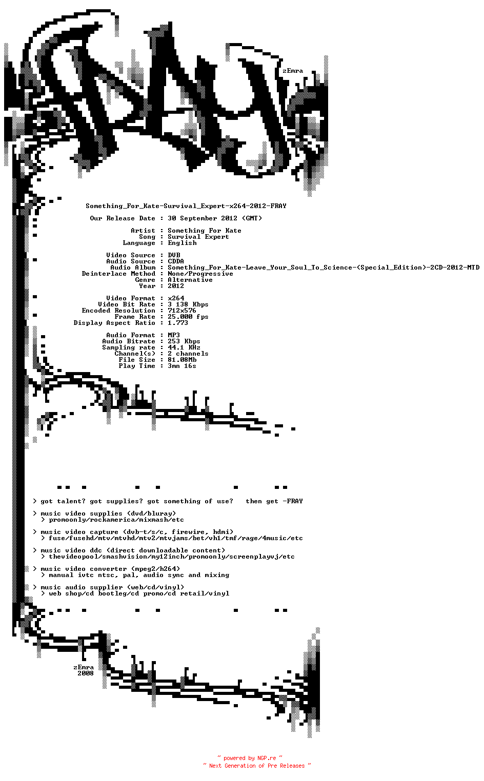 NFO for the release Something_For_Kate-Survival_Expert-x264-2012-FRAY by FRAY