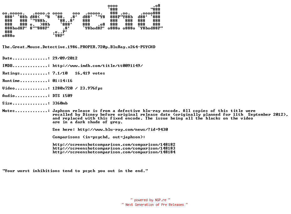 NFO for the release The.Great.Mouse.Detective.1986.PROPER.720p.BluRay.x264-PSYCHD by PSYCHD