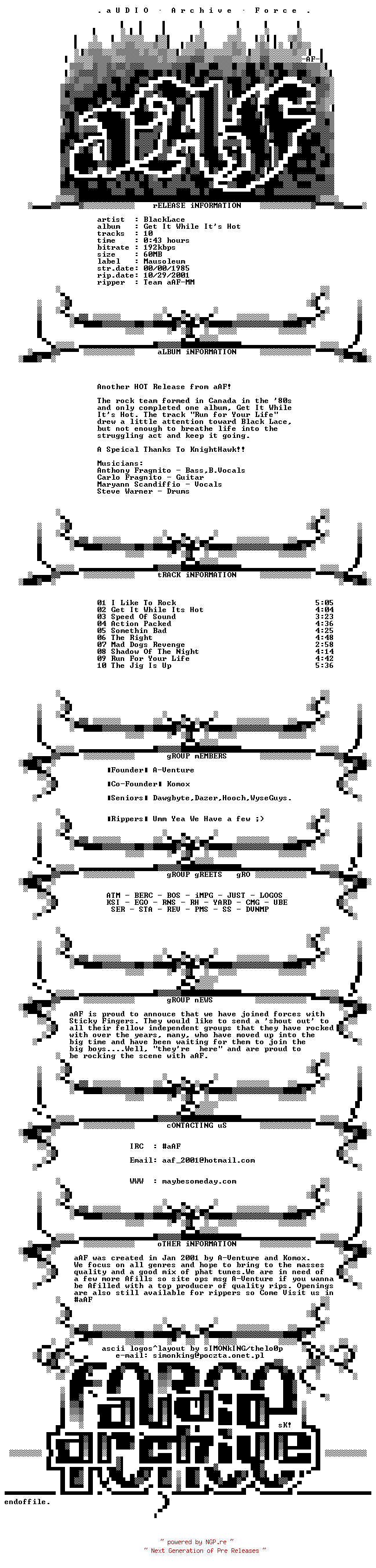 NFO for the release BlackLace_-_Get_It_While_Its_Hot-(1985)-aAF by aAF