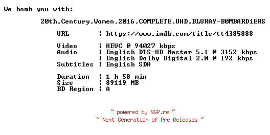 NFO for the release 20th.Century.Women.2016.COMPLETE.UHD.BLURAY-B0MBARDiERS by B0MBARDiERS