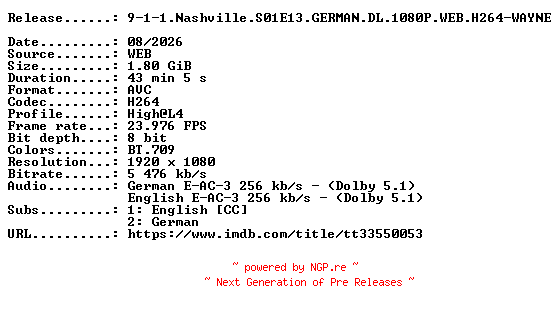 NFO for the release 9-1-1.Nashville.S01E13.GERMAN.DL.1080P.WEB.H264-WAYNE by WAYNE