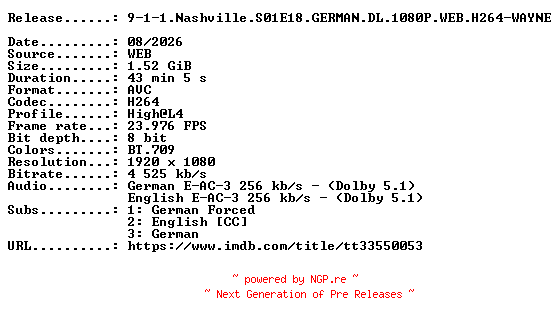 NFO for the release 9-1-1.Nashville.S01E18.GERMAN.DL.1080P.WEB.H264-WAYNE by WAYNE