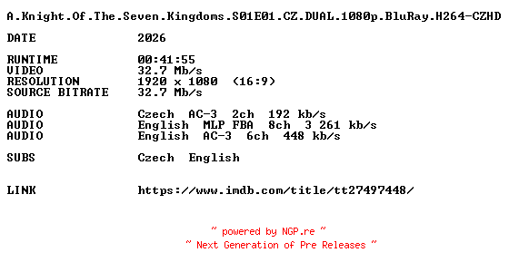 NFO for the release A.Knight.Of.The.Seven.Kingdoms.S01E01.CZ.DUAL.1080p.BluRay.H264-CZHD by CZHD