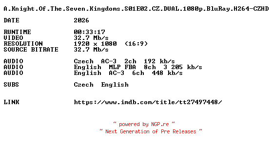 NFO for the release A.Knight.Of.The.Seven.Kingdoms.S01E02.CZ.DUAL.1080p.BluRay.H264-CZHD by CZHD