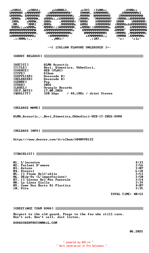 NFO for the release ALMA_Acoustic_-_Bevi_Dimentica_Obbedisci-WEB-IT-2026-UOVA by UOVA
