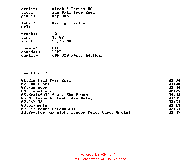 NFO for the release Afrob_And_Ferris_MC_-_Ein_Fall_Fuer_Zwei-WEB-DE-2026-BITCOINS by BITCOINS
