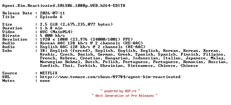 NFO for the release Agent.Kim.Reactivated.S01E06.1080p.WEB.h264-EDITH by EDITH
