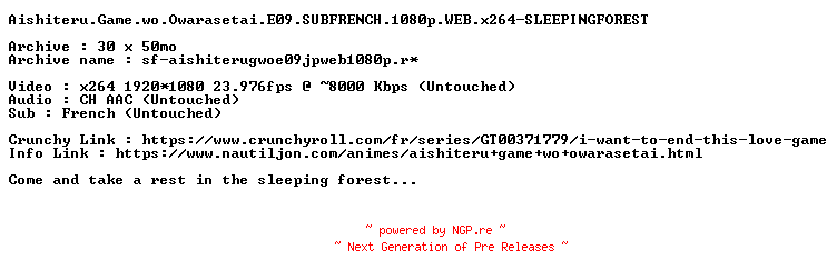 NFO for the release Aishiteru.Game.wo.Owarasetai.E09.SUBFRENCH.1080p.WEB.x264-SLEEPINGFOREST by SLEEPINGFOREST
