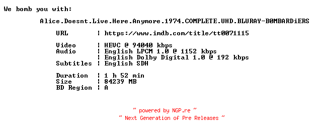 NFO for the release Alice.Doesnt.Live.Here.Anymore.1974.COMPLETE.UHD.BLURAY-B0MBARDiERS by B0MBARDiERS