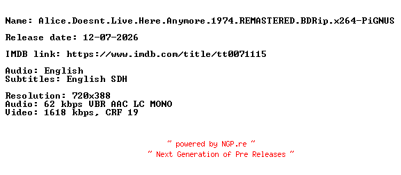 NFO for the release Alice.Doesnt.Live.Here.Anymore.1974.REMASTERED.BDRip.x264-PiGNUS by PiGNUS
