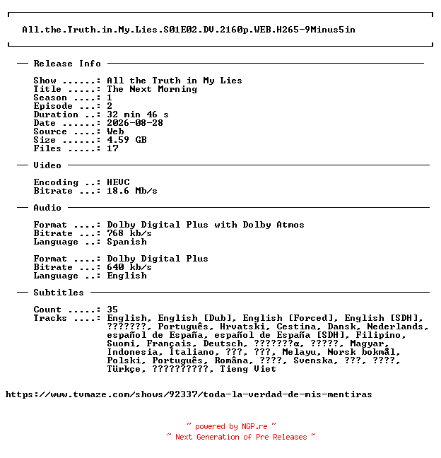 NFO for the release All.the.Truth.in.My.Lies.S01E02.DV.2160p.WEB.H265-9Minus5in by 9Minus5in