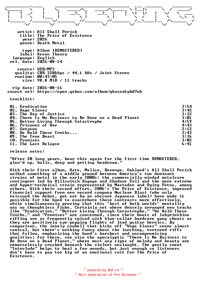 NFO for the release All_Shall_Perish-The_Price_of_Existence-Remastered-WEB-2026-BLEEDiNG by BLEEDiNG