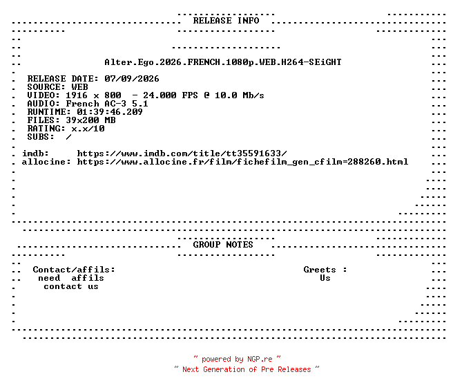 NFO for the release Alter.Ego.2026.FRENCH.1080p.WEB.H264-SEiGHT by SEiGHT