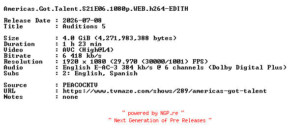 NFO for the release Americas.Got.Talent.S21E06.1080p.WEB.h264-EDITH by EDITH