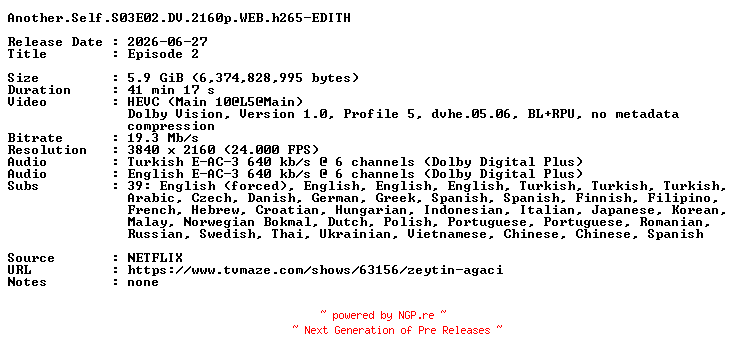 NFO for the release Another.Self.S03E02.DV.2160p.WEB.h265-EDITH by EDITH