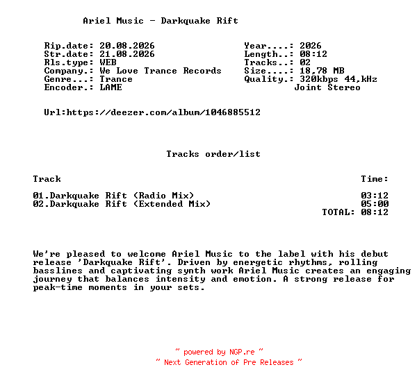NFO for the release Ariel_Music_-_Darkquake_Rift-(WLT125)-WEB-2026-FMC by FMC
