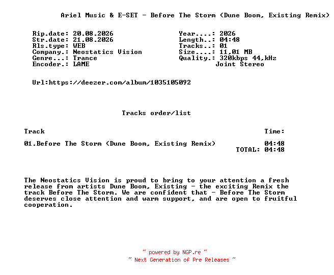 NFO for the release Ariel_Music_And_E-SET_-_Before_The_Storm_(Dune_Boom_Existing_Remix)-(NV247)-SINGLE-WEB-2026-FMC by FMC