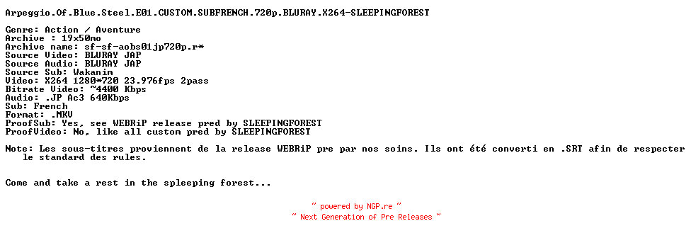NFO for the release Arpeggio.Of.Blue.Steel.E01.CUSTOM.SUBFRENCH.720p.BLURAY.X264-SLEEPINGFOREST by SLEEPINGFOREST