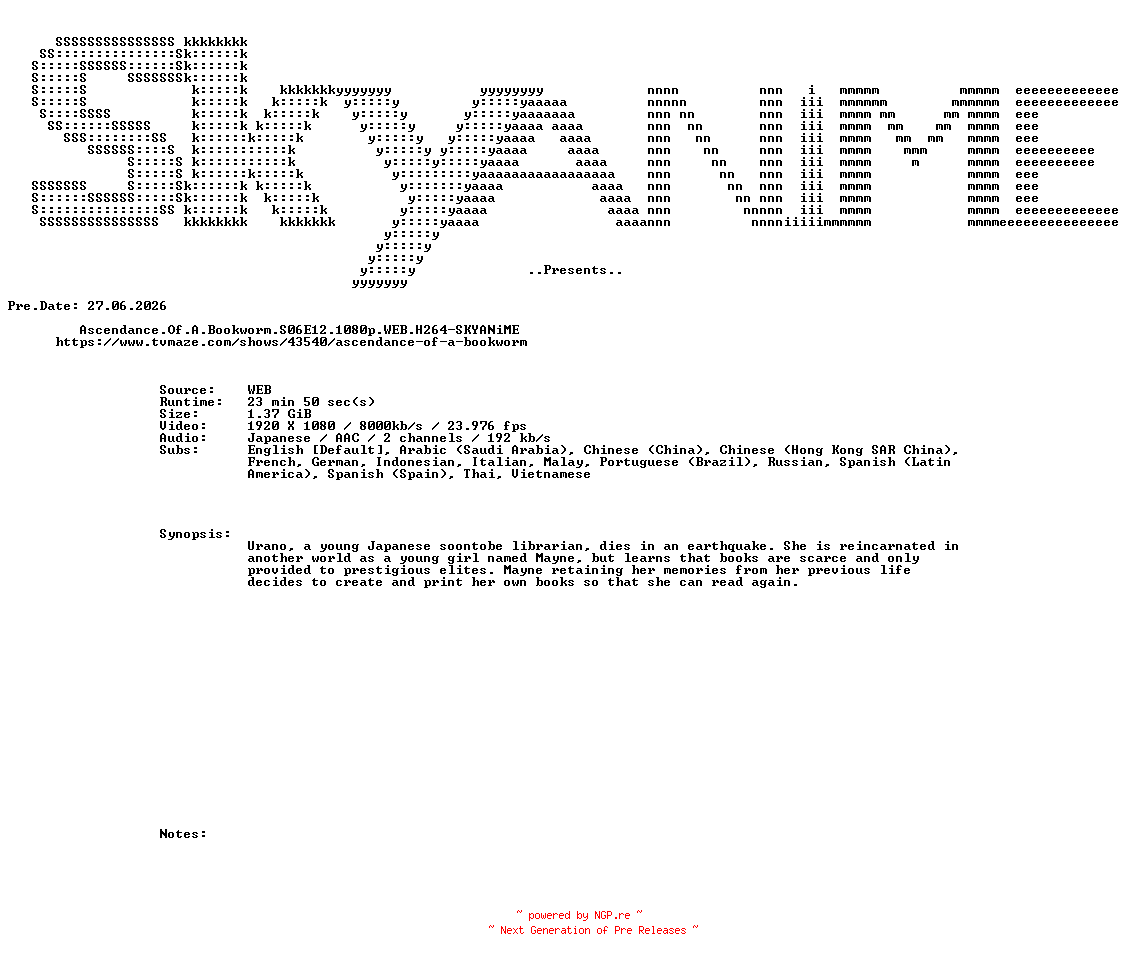 NFO for the release Ascendance.Of.A.Bookworm.S06E12.1080p.WEB.H264-SKYANiME by SKYANiME