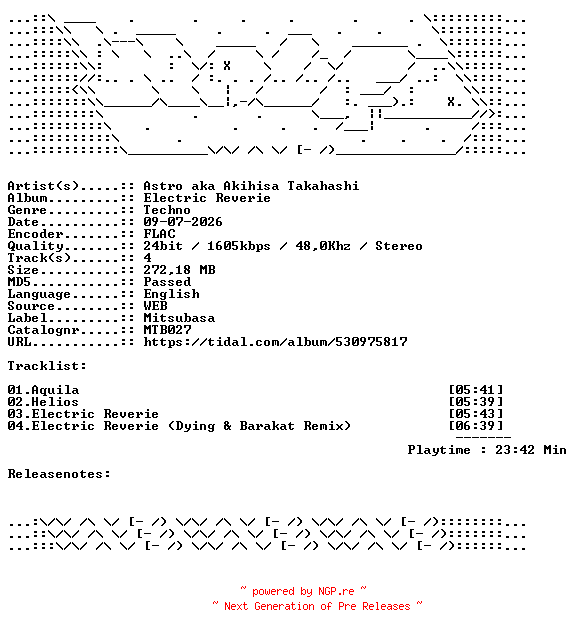NFO for the release Astro_aka_Akihisa_Takahashi-Electric_Reverie-MTB027-24BIT-WEB-FLAC-2026-WAVED by WAVED