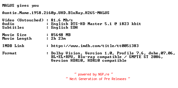 NFO for the release Auntie.Mame.1958.2160p.UHD.BluRay.H265-MALUS by MALUS