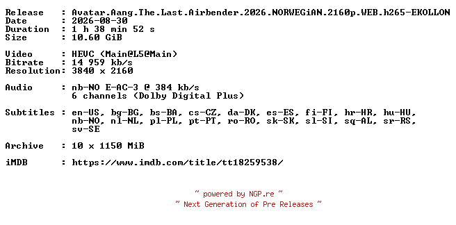 NFO for the release Avatar.Aang.The.Last.Airbender.2026.NORWEGiAN.2160p.WEB.h265-EKOLLON by EKOLLON