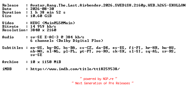 NFO for the release Avatar.Aang.The.Last.Airbender.2026.SWEDiSH.2160p.WEB.h265-EKOLLON by EKOLLON